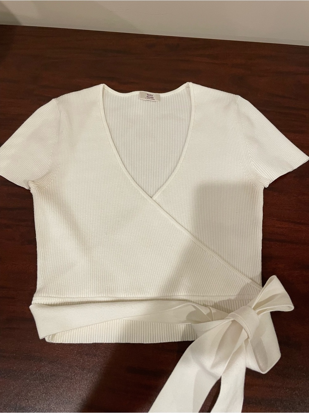 Little Moon White Ribbed Short Sleeve Crop Top with Waist Tie